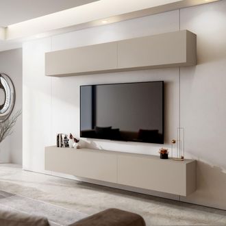 Dmora Parete Modular Suisio, Mueble De Sal&oacute;n Ajustable, 4 Estantes, Apertura Abatible, Beige