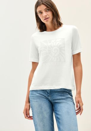 Cecil T-Shirt CECIL, Damen, Gr. XXL (46), weiss (vanillewei&szlig;), Jersey, Obermaterial: 100% Baumwolle, bestickt, regular fit taillenbedeckt, Rundhals, gerader