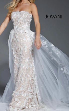 Jovani Strapless Tulle Embroidered Gown In White