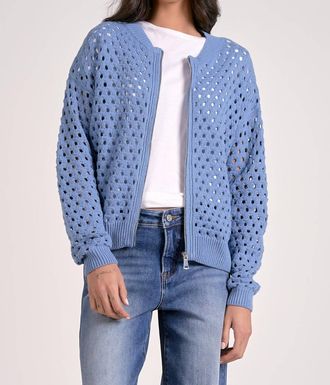 Elan Breezy Beauty Open Weave Zip Sweater In Blue