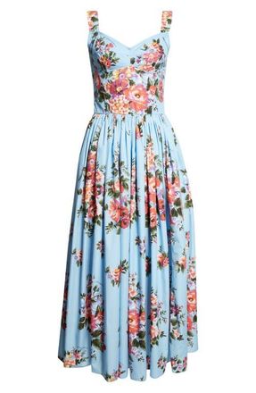 Dolce & Gabbana Floral Bouquet Print Pleated Poplin Fit & Flare Dress in Fiori Celeste at Nordstrom, Size 10 Us