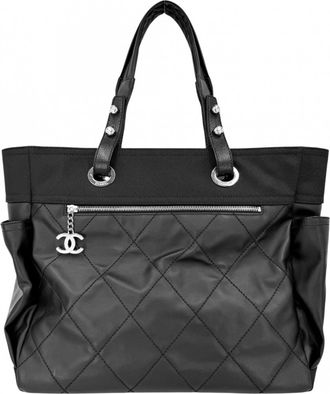 Chanel Black Coated Canvas Leather Handbag Tote Bag (Pre-Owned)