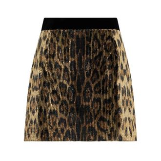 Roberto Cavalli Short Skirts, female, Beige, Size: XS Leopard-Print Sequin Mini Skirt