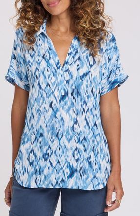 NYDJ Becky Split Neck Woven Top in Blue Visions at Nordstrom, Size Xx-Small