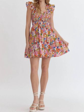 Entro Blooming Beauty Mini Dress With Ruffle Detail And Smocked Bodice In Pink Multi