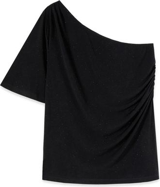 Fiorella Rubino T-shirt van jersey met &eacute;&eacute;n schouder en lichte stippen - Dames - Blouses - Zwart - XL - Polyester - Overhemden
