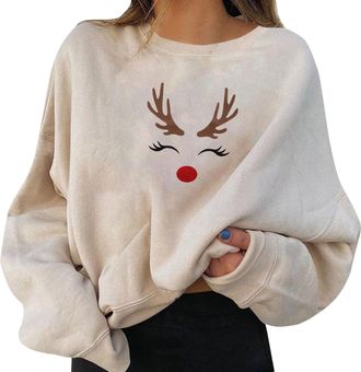 Generic Christmas Jumper Womens Funny Oversize Funny Christmas Jumper Long Sleeve Christmas Print Pullover Reindeer Womens Christmas Sweatshirt Tops Teenager 