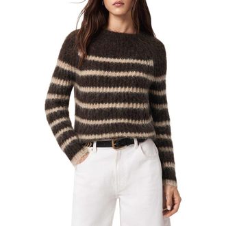 AllSaints Riga Stripe Crewneck Sweater in Brittle Brown/Barley at Nordstrom, Size X-Small