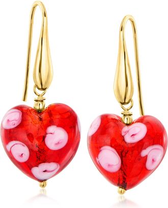 Ross-Simons Italian Murano Glass Red Heart Drop Earrings in 18kt Gold Over Sterling