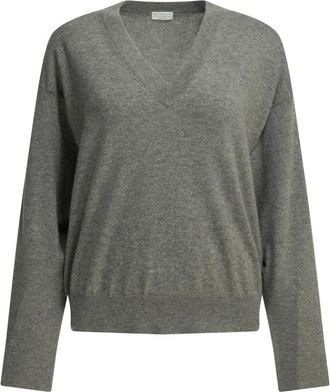 Brunello Cucinelli V-hals Kasjmier Trui - Dames - Cashmere truien - Grijs - L - Kasjmier - Truien & Vesten