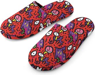 Generic Fright Scream Abstract Doodles Warm Mens Slippers Slip On Soft Fleece House Shoes Winter Indoor Outdoor