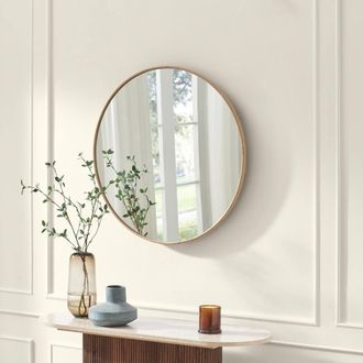 Furniturebox Inga Oak Wood Medium Round 80cm Wall Mirror in Light Brown