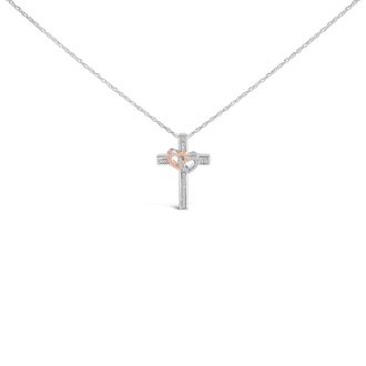 House of Brilliance 14K Rose Gold Plated Sterling Silver 1/10 Cttw Diamond Cross & Heart Pendant Necklace