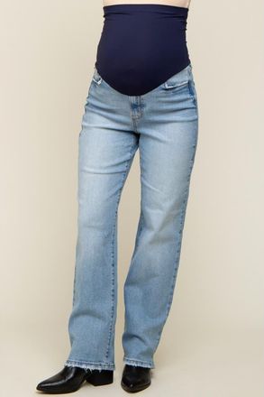 Pinkblush Straight Leg Distressed Hem Maternity Jeans in Light Blue at Nordstrom, Size 26 29