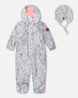 Deux par Deux Baby Mid-Season One-Piece Mini Flower Print Outerwear with Hat in Blue Mini Flower Print at Nordstrom, Size 12M