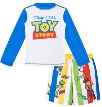 Disney Toy Story Swimwear 2-Piece Rash Guard and Swim Trunks Set in Toy Story Blue Stripe at Nordstrom, Size 18M