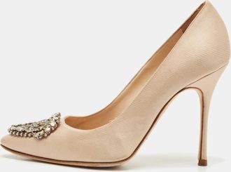 Manolo Blahnik Beige Satin Okkato Crystal Embellished Pumps