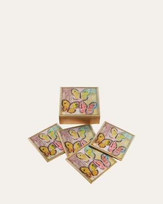Hunt Slonem Lakeside Butterflies Gold Leaf Coaster Box, Set of 4