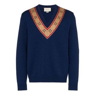 Gucci GG V-neck Wool Sweater Blue 577089-XKAU0-4912