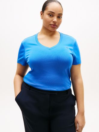 Tommy Hilfiger V-Shirt TOMMY HILFIGER CURVE CRV SLIM CODY V-NK SS, Damen, Gr. 48, blau orbit, Single Jersey, Obermaterial: 100% Baumwolle, unifarben, slim fit normal