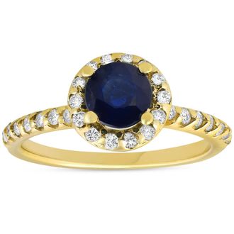 Pompeii3 1ct Blue Sapphire & Diamond Halo Engagement Ring 14K Yellow Gold Size Selectable