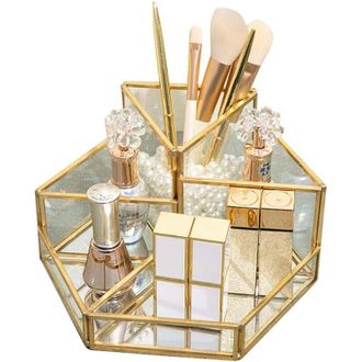 OEM Caja De Cosm&eacute;ticos Dorada Y Transparente Con Inserto De Cristal Para Joyas Y Brochas: Un Elegante Accesorio De Belleza Para El Tocador Y El Ba&ntilde;o - Cre