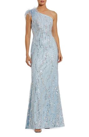 Mac Duggal Feathered One Shoulder Embroidered Applique Gown in Powder Blue at Nordstrom, Size 12