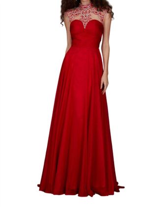 Angela & Alison Mock-Neck Prom Dress In Hot Red