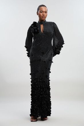 Karen Millen Womens Plus Size Crystal Embellished Applique Woven Maxi Dress - Black - Size 22 UK