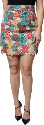 Dolce & Gabbana Womens Multicolor Floral Lace High Waist Mini Skirt Cotton Nylon Polyester