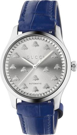 Gucci 38 mm stalen kast- zon geborstelde wijzerplaat met bijen- blauwe gekleurde alligator band - Dames - Horloges - Blauw - ONE Size - Accessoires