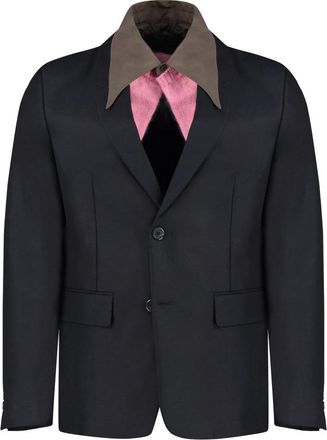 Prada Jassen, Heren, Blauw, M, Wol, Wollen Enkellange Jas Reverskraag