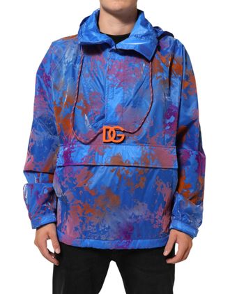 Dolce & Gabbana Blue Tie Dye Logo Hooded Sweatshirt Mens Jacket