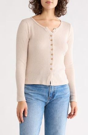 Renee C Button Front Long Sleeve Ribbed Top in Oatmeal at Nordstrom Rack, Size X-Large