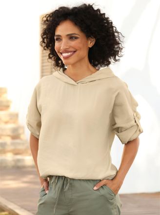 Heine Langarmbluse HEINE, Damen, Gr. 34, sesam, 85% Modal, 15% Polyester, unifarben, Blusen Langarmbluse