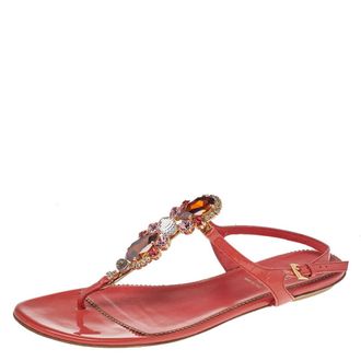 Loriblu Orange Patent Leather Crystal Embellished Ankle Strap Flat Sandals
