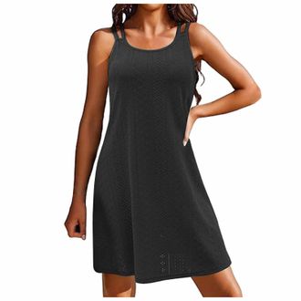 Generic Women Summer Sleeveless Midi Dresses Crew Neck Spaghetti Strap Dress Hollow Cut Out Lace Boho Dress Ladies A Line Swing Strappy Short Dresses for Wome