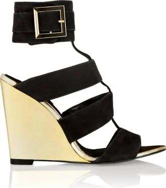 Schutz Women Metallic Shine Suede Leather Wedge Sandals In Black & Gold