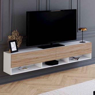 IDMarket Idmarket - Mueble tv 180 cm elio 2 puertas colgado de la pared con estantes blancos y de madera