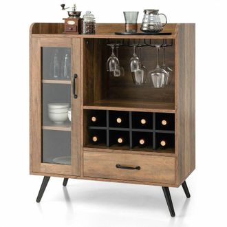 Costway Industrial Storage Cabinet Wooden Cupboard Buffet Sideboard w/ Wine Glass Holder