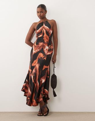 Asos vestito maxi con dettagli di cucitura, schiena aperta e spalline con stampa astratta color cioccolato e ruggine-Multicolore