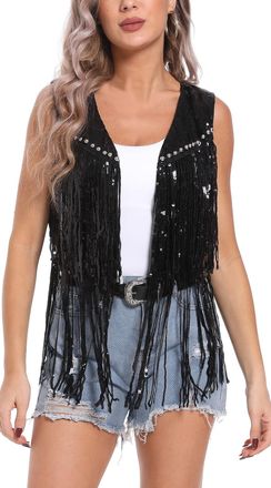 Feoya Womens Fringe Vest Sparkly Sequin Gilet Top Glitter Tassel Waistcoat for Women Shiny Open Front Cardigan Retro Vintage Hippie Sleeveless Jacket Sparkl