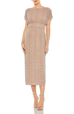 Mac Duggal Beaded Cap Sleeve Column Midi Dress in Dark Mocha at Nordstrom, Size 14