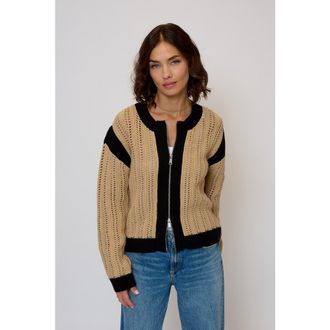 Central Park West Womens Rose Zip-up Sweater in Black/tan at Nordstrom, Size X-Small