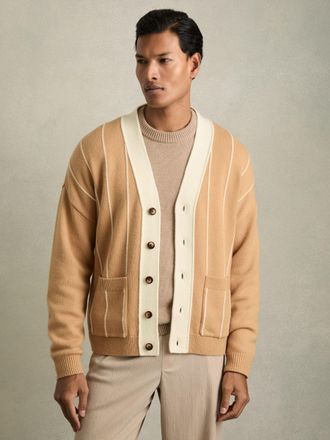 Reiss Rovers Cardigan Wool Pinstripe, Camel & white Size: XL