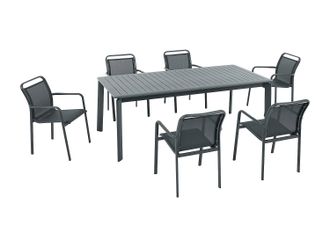 Vente-Unique Comedor de jard&iacute;n de aluminio: mesa extensible L.205/286.5 cm y 6 sillones apilables - Gris oscuro - VELYRA de MYLIA