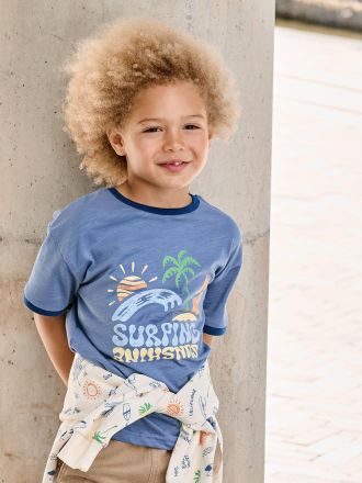 Vertbaudet Jungen T-Shirt mit Surfer-Motiv, Recycling-Baumwolle blau