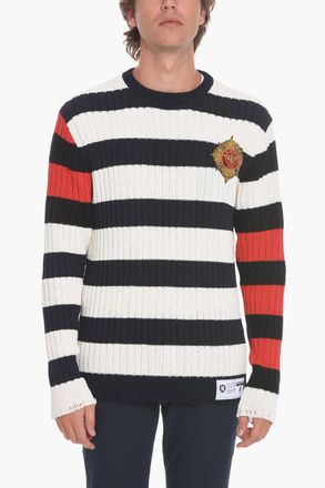 Balmain Pullover EMBLEM a Righe Awning con Applicazione Balmain