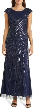 Pisarro Nights Embellished Cap Sleeve Gown in Navy at Nordstrom Rack, Size 6