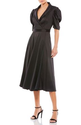 Mac Duggal Satin Lapel Puff Sleeve Tea Length Dress in Black at Nordstrom, Size 14